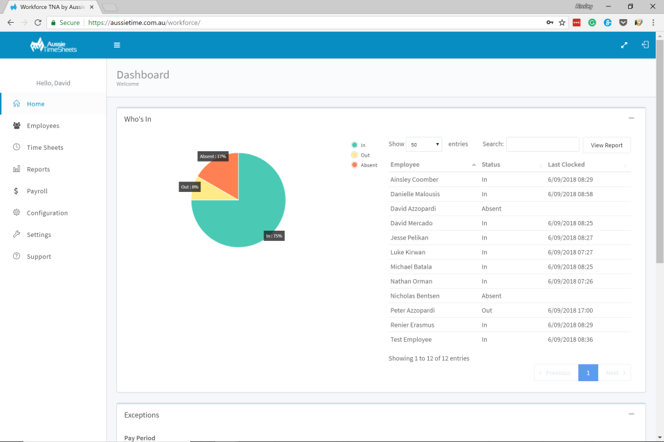 screenshot of Aussie Time Sheets Workforce TNA